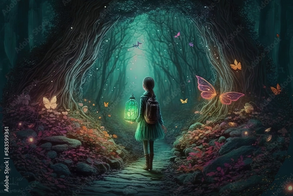 Obraz premium A young girl in a magical forest surrounded by glowing fireflies. The forest is filled with tall trees and lush greenery, creating a mystical and enchanting atmosphere. Generative AI