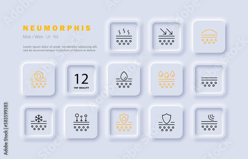 Scin care set icon. Evaporation, sunscreen, moisturizing, pure vapor, protection against cold and acne. Seasonal allergies concept. Neomorphism style. Vector line icon for Business and Advertising