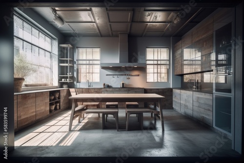 Interior of a gray and dark wood kitchen with a concrete floor, a large window, a stove, and a big wooden table with chairs. double exposure toned picture prototype. Generative AI