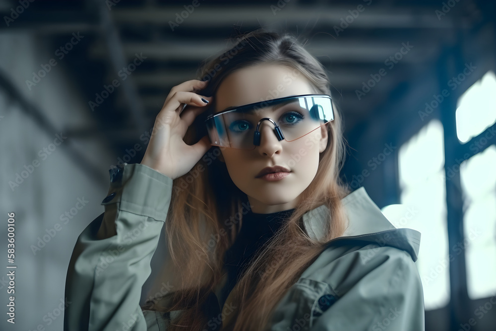 Insanely beautiful girl with glasses in an abandoned building. Generative AI. Insanely beautiful girl with glasses in an abandoned building. Generative AI.
