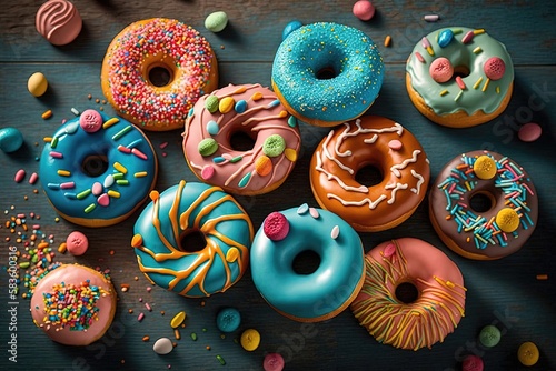 A colorful array of donuts arranged in a grid or pattern, highlighting the diverse shapes, colors, and flavors of these popular treats. Generative AI © Svitlana