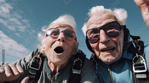 Couple of grandparents in their 80s are jumping out of a white plane during skydiving, Generative AI