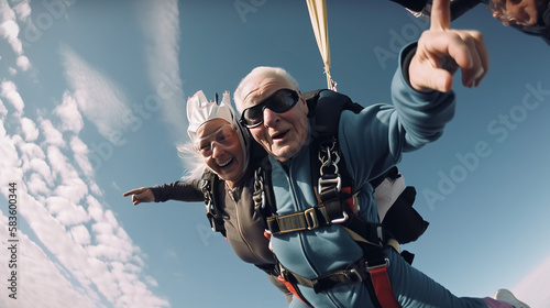 Couple of grandparents in their 70s are jumping out of a white plane during skydiving, Generative AI
