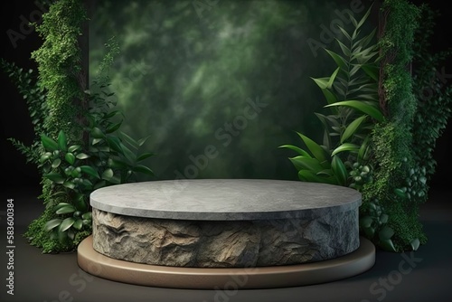 A simple and elegant plant-adorned podium, featuring a clean and minimalist design. Generative AI © Svitlana