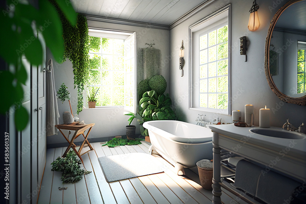 Fototapeta premium Classic bathroom with bathtub and plants. White walls. Real estate. Renovation company. Home improvement. Home enhancement