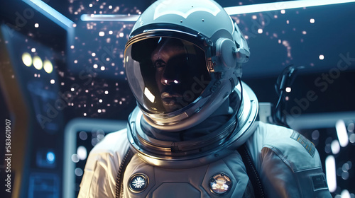 Astronaut in spaceship interior, control panel. generative AI © ReisMedia