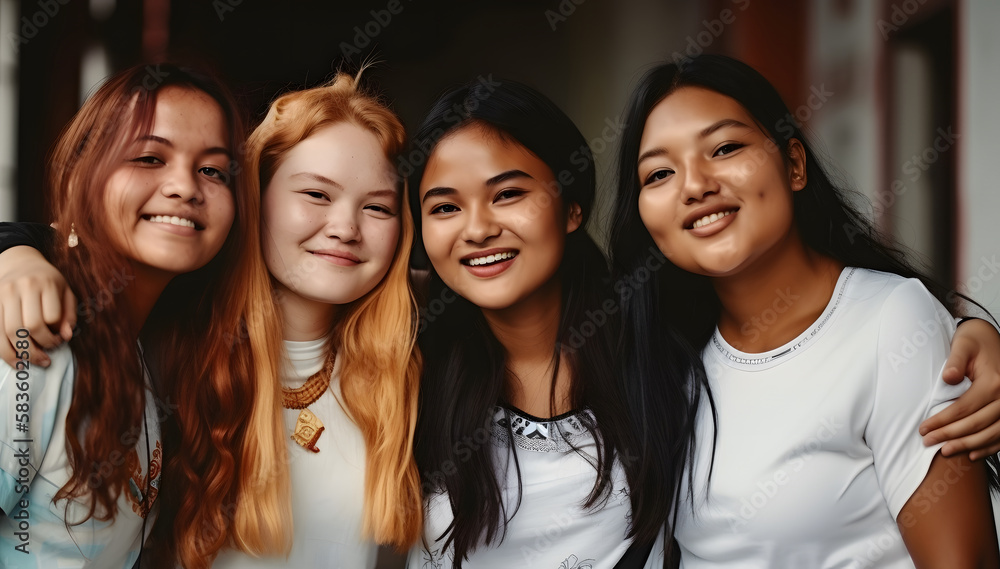 Fototapeta premium Group of female friends of all ethnicities, friendship concept