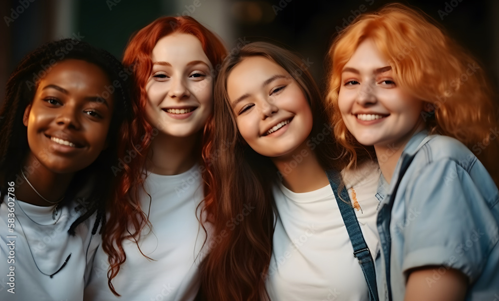Fototapeta premium Group of female friends of all ethnicities, friendship concept