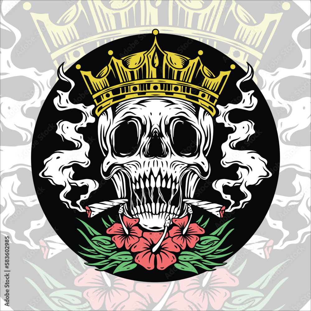 skull head design wearing crown smoking weed and hibiscus flower Stock ...