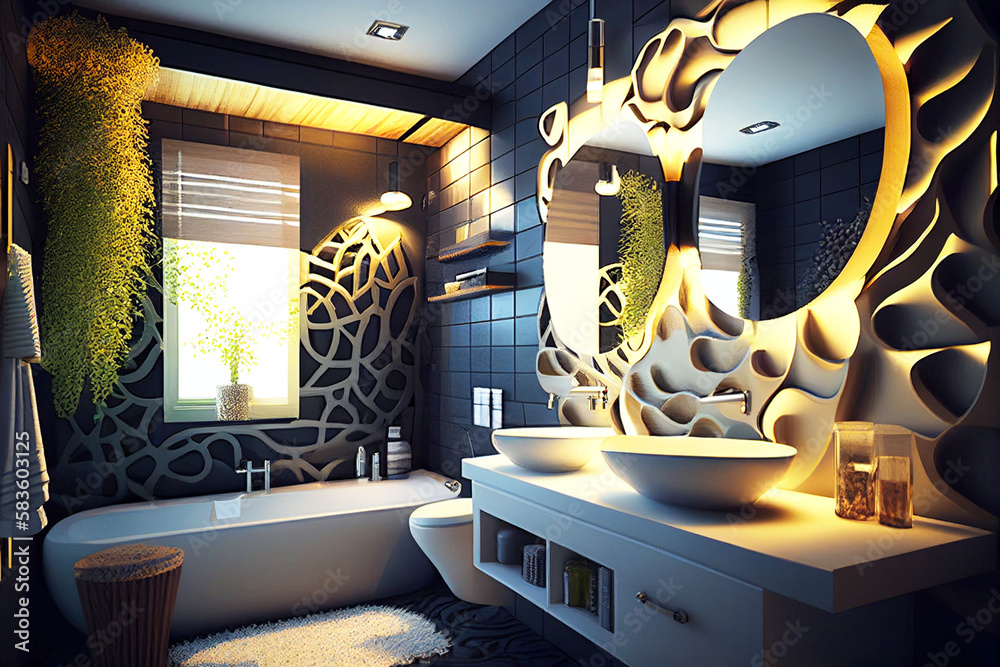 Obraz premium Contemporary bathroom with bathtub and mirror. White walls. Real estate. Renovation company. Home improvement. Home enhancement
