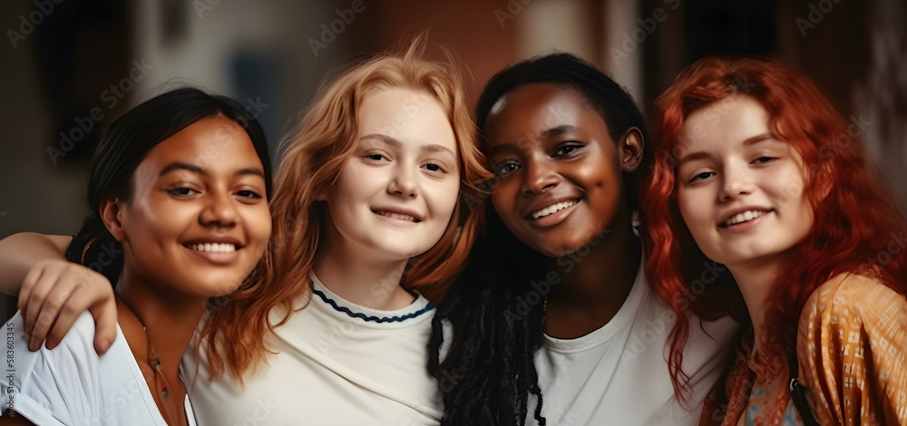 Fototapeta premium Group of female friends of all ethnicities, friendship concept