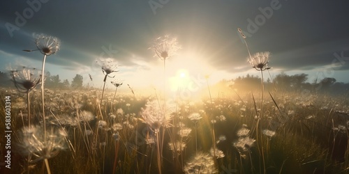 Dandelion Field With Flying Seeds At Sunset, Magic Atmosphere, Blurred Background