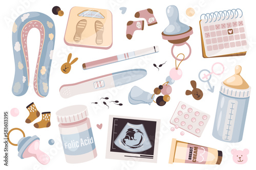 Pregnancy items set graphic elements in flat design. Bundle of pillow, scales, socks, calendar, pacifier, milk bottle, breast cream, ultrasound fetus and other. Vector illustration isolated objects