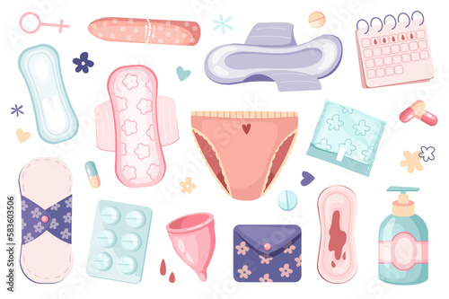Women period set graphic elements in flat design. Bundle of tampons and pads, calendar, birth control pills, intimate gel, menstrual cup, female panty and other. Vector illustration isolated objects