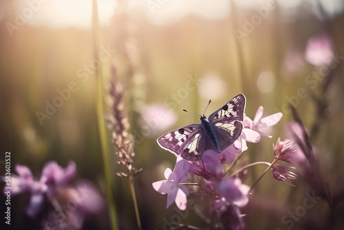 Purple butterfly on wild violet flowers, a beautiful representation of the beauty of nature in the spring and summer months.