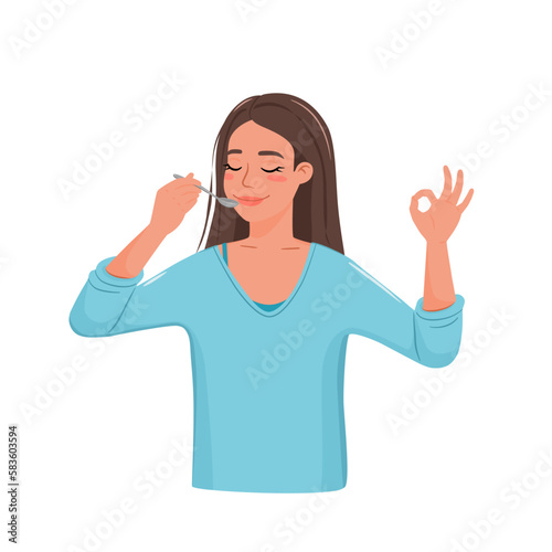 Pretty girl with spoon near her mouth. Young woman shows how she eats or and thinks what delicious meal. Flat cartoon vector illustration.