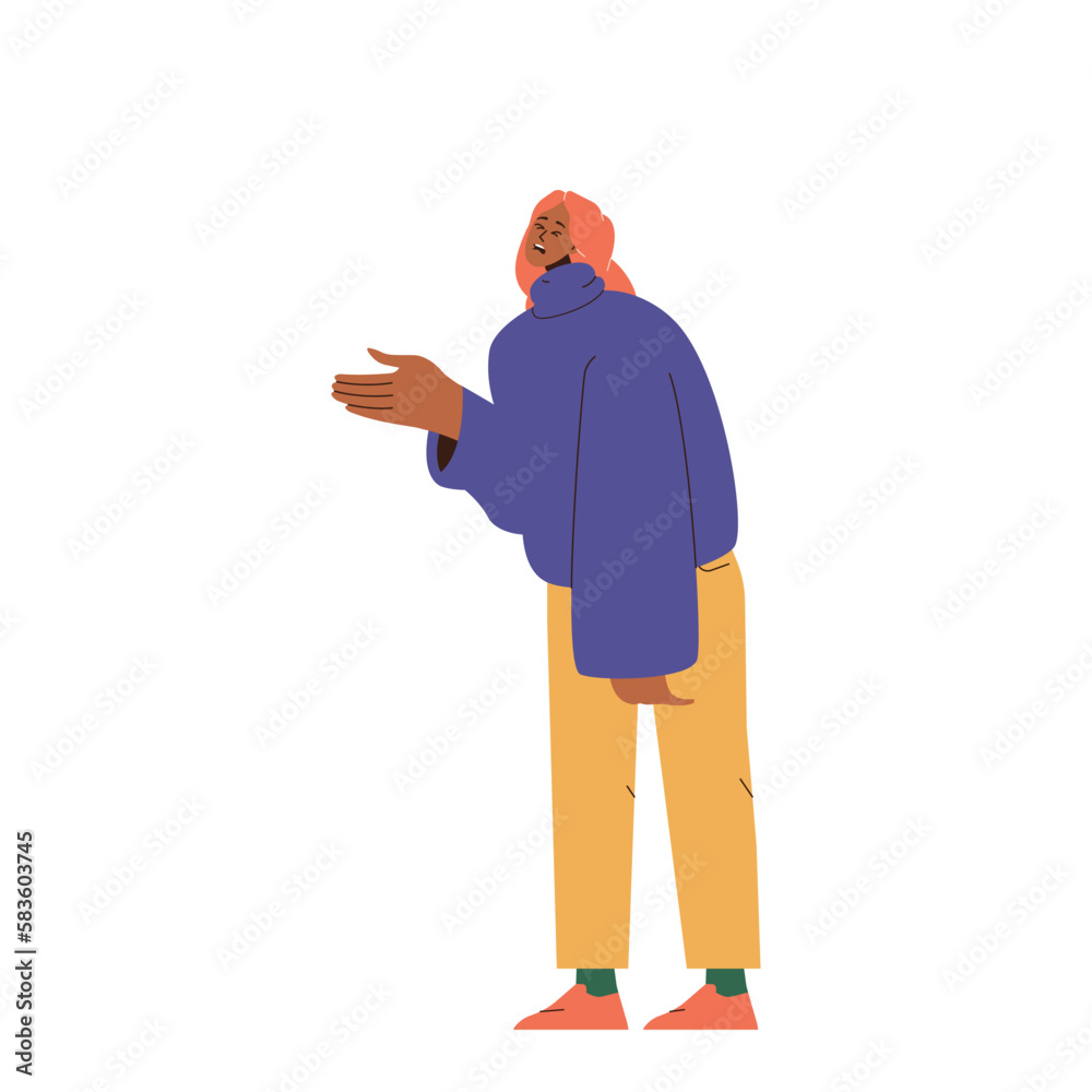 Crying young woman loser character standing with outstretched hand isolated on white background Crying young woman loser character standing with outstretched hand isolated on white background