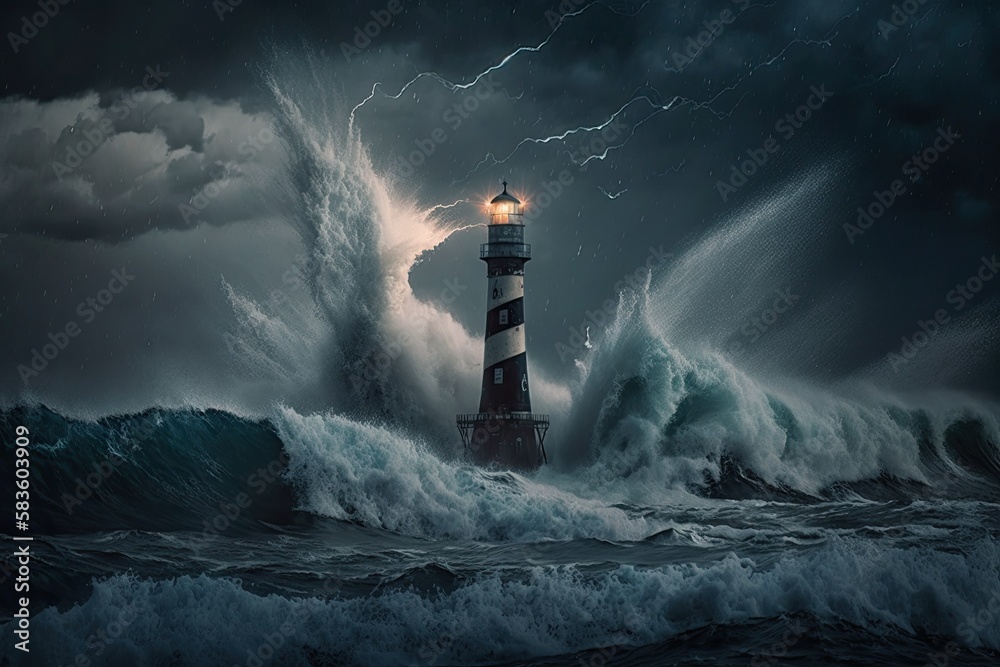 a photograph of lighthouse beside high wave storm Generative AI