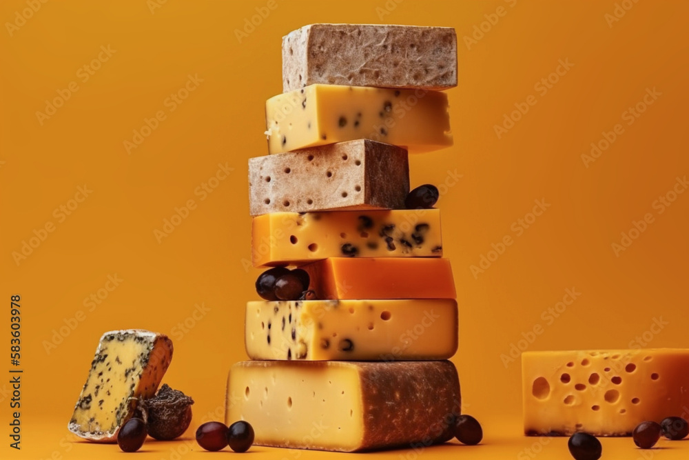 big stack of types of cheeses of the world, isolated, created with generative ai Stock