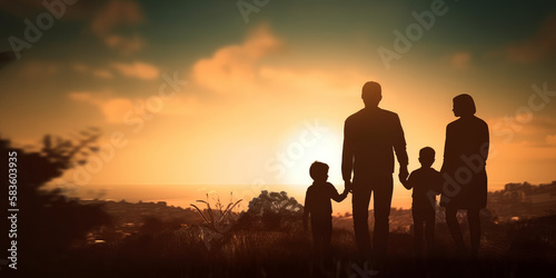 Family concept: family at sunset background. Generative AI