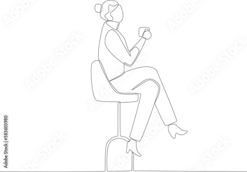 A beautiful woman is enjoying her coffee. Coffee shop activity one line drawing