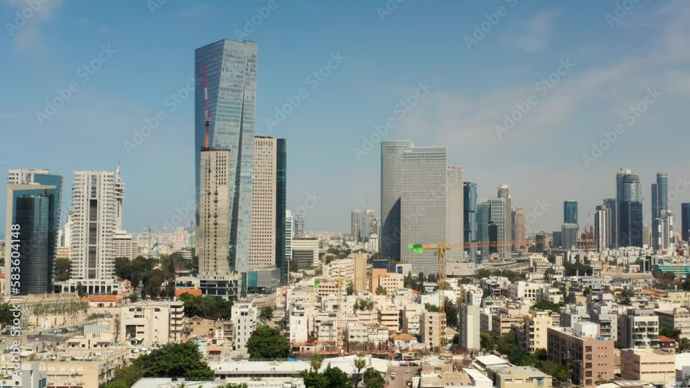 Tel Aviv skyline aerial drone view business city center 4k, Israel 