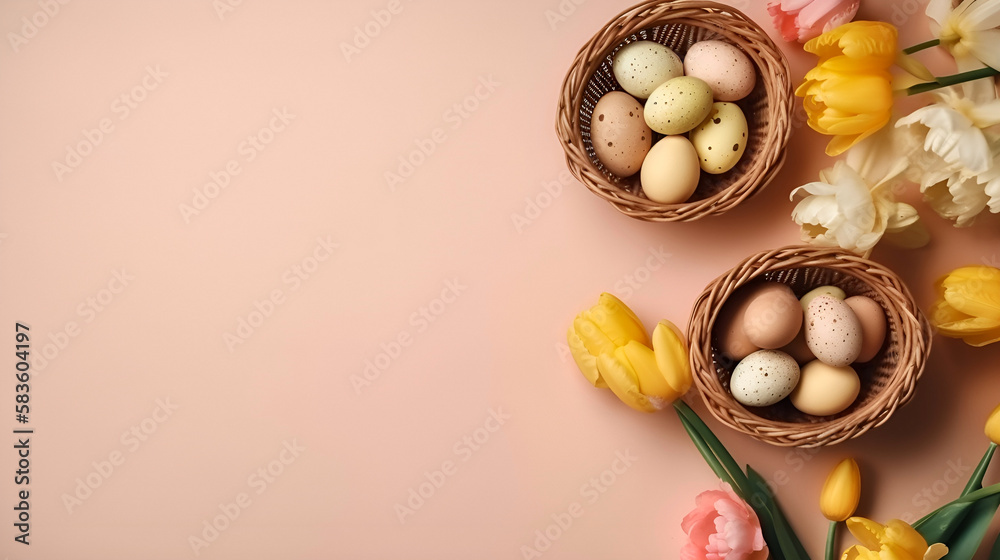 Easter celebration concept. Top view photo of colorful easter eggs small baskets bunnies yellow and pink tulips on isolated pastel background with copy space Easter celebration concept. Top view photo of colorful easter eggs small baskets bunnies yellow and pink tulips on isolated pastel background with copy space