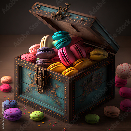 Cakes macaron or macaroon in wooden vintage box on rustic table, colorful bright cookies.