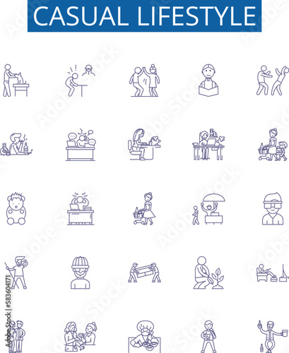 Casual lifestyle line icons signs set. Design collection of Casual, Lifestyle, Relaxed, Unstructured, Comfortable, Breezy, Uncomplicated, Carefree outline concept vector illustrations