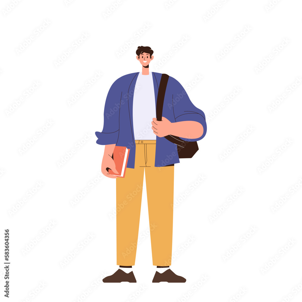 Happy smiling male student character standing with bag and book in hand on white background