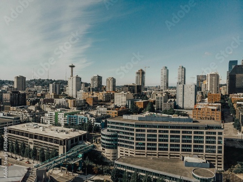 Aerial view of the Space Needle Tower surrounded by buildings in Seattle