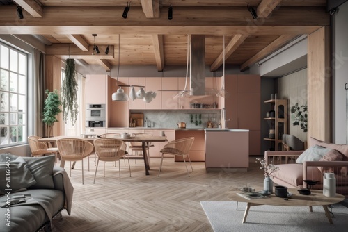 contemporary  pricey  and opulent open plan flat. Rich Scandinavian room with pastel colored wooden beams on the ceiling. Generative AI