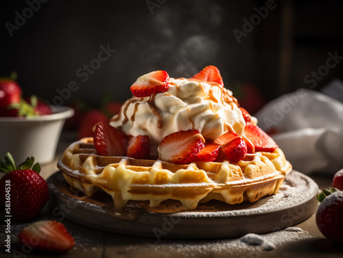 Delicious healthy classic american breakfast, waffle pancake on wooden background. for poster or menu. cafe, restaurant Generative AI