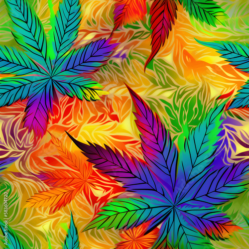 Medical cannabis pattern, colorful cannabis leaves on rainbow background, marijuana plant, generative AI.