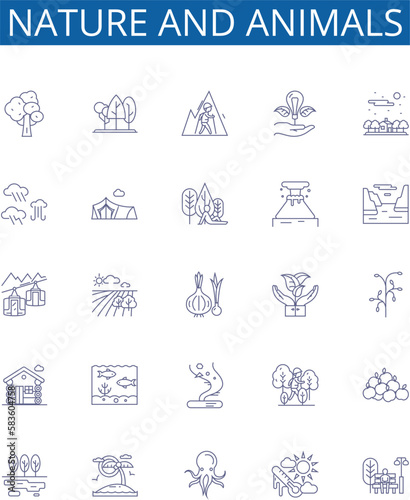 Nature and animals line icons signs set. Design collection of Nature, Animals, Fauna, Flora, Wildlife, Habitat, Ecosystem, Birds outline concept vector illustrations