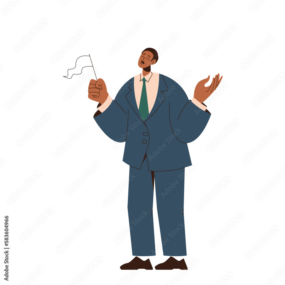 Unhappy businessman feeling helpless and waving flag in surrender isolated on white background Unhappy businessman feeling helpless and waving flag in surrender isolated on white background