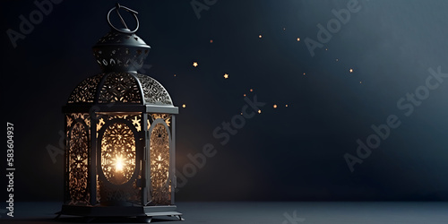 ramadan lantern with crescent moon on night sky background 