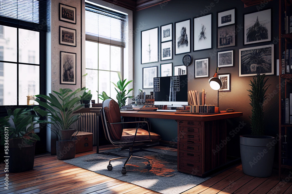 Modern business office with computers, desks and chairs. Co working places. Large windows. Paintings. Plants. Vegetation