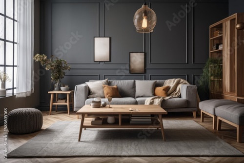 Interior of contemporary living room with wooden flooring and a grey wall. Fur rug  coffee table with vase and books  gray fabric sofa  floor light. Generative AI