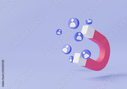 Magnet attracting people. Digital social marketing, Customer attraction with magnet, attracting followers, business strategy, subscriber counting. Business concept. 3d minimal render illustration
