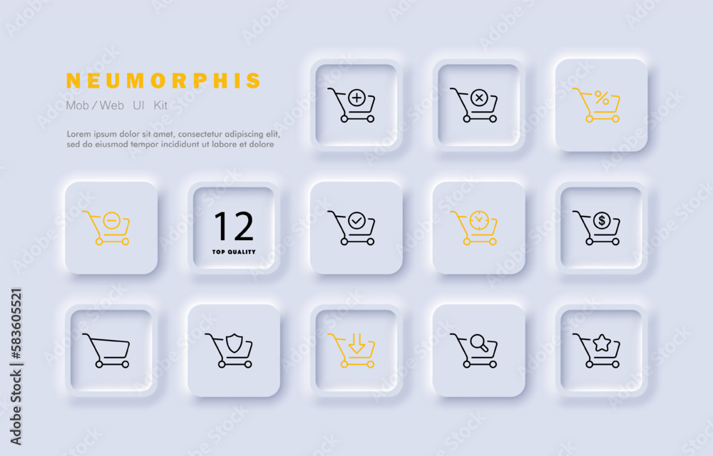 Shopping cart set icon. Add, remove product, review, favorite, order, discount, last chance, protection, search, shop. Store concept. Neomorphism style. Vector line icon for Business and Advertising