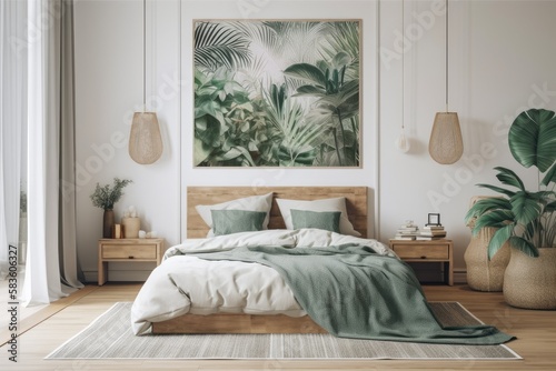 mock up of a poster featuring a tropical bedroom . Generative AI