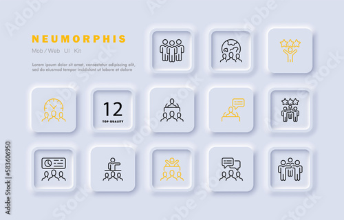 Society set icon. Community, company, teamwork, team building, office work, management, delegation, feedback, correspondence, communication skills. Neomorphism style. Vector line icon for Business