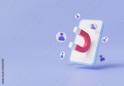 Magnet attracting people on mobile. Digital social marketing, Customer attraction with magnet. Business concept. Attracting followers, business strategy, subscriber counting. 3d rendering illustration