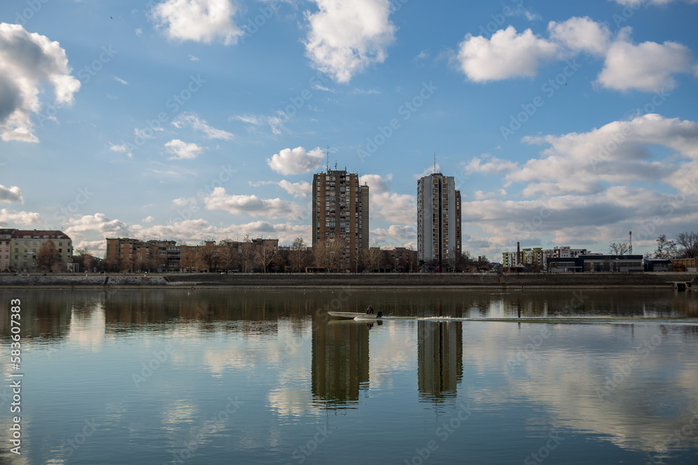 Skyline of the city of Novi Sad, Serbia, with reflections in the Danube river