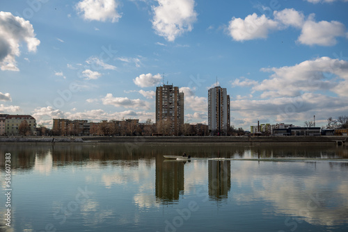 Skyline of the city of Novi Sad, Serbia, with reflections in the Danube river