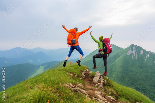 Hikers with backpacks jumping with arms up on top of a mountain. Generative AI