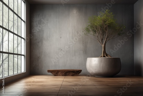 Interior of an empty room with a mock up wall made of concrete or black stucco. hardwood flooring a grass filled decorative vase. Home design mock up. Generative AI