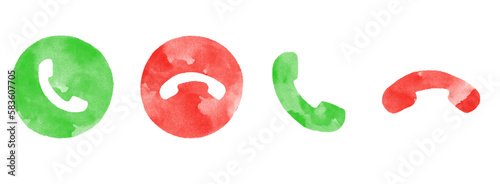 Phone call icon accept and decline illustration vector set hand drawn watercolor ink texture green and red color smart phone symbol mobile speaker phone communication transparent PNG JPEG high quality