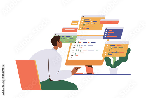 Busy man programmer freelancer writing code, male system administrator managing software database